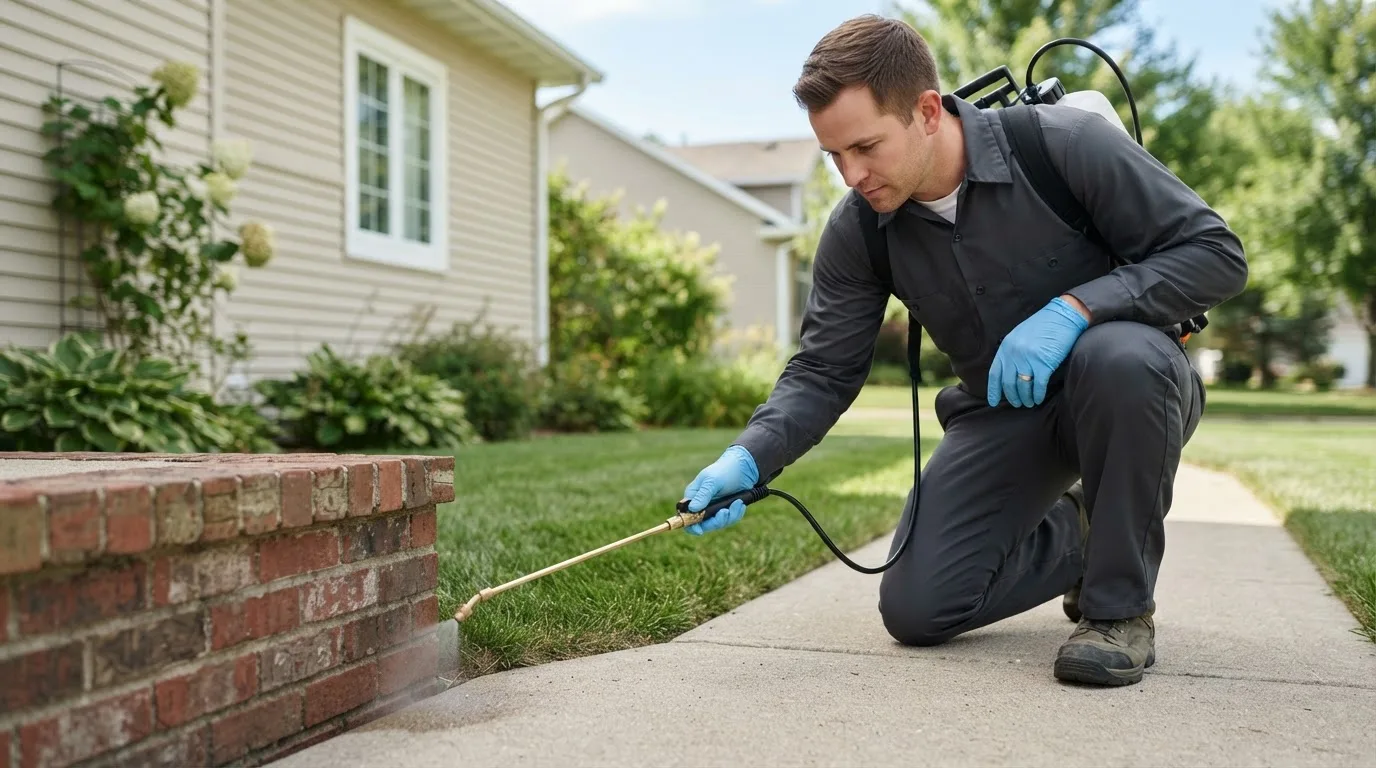 Pest control technician treating a home near Birmingham, IA