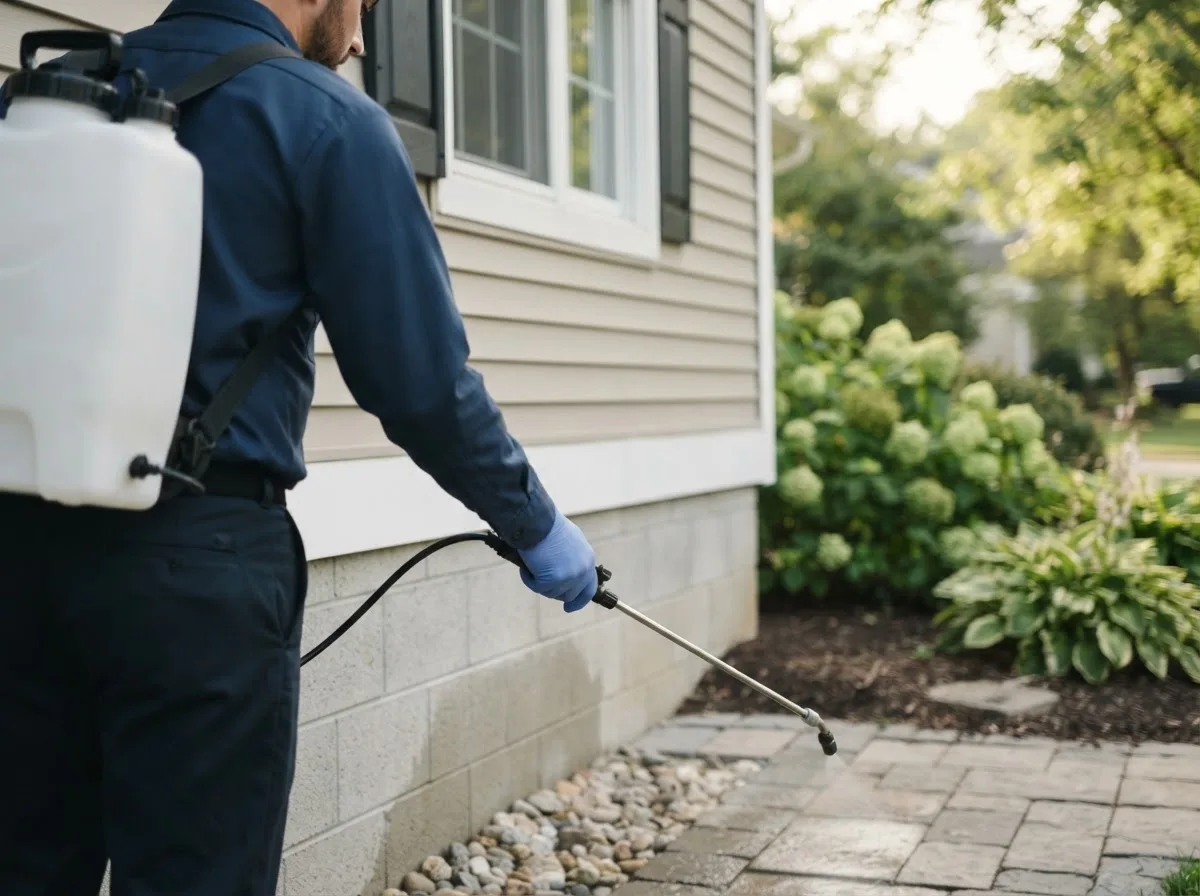 Pest control technician inspecting a home in Birmingham, IA